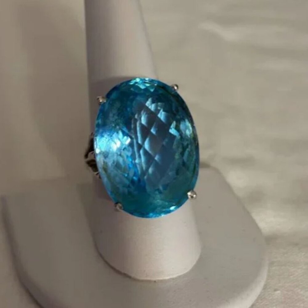 Sky Blue Topaz 61ct Checker Board Ring in 14k White Gold - size 9.5